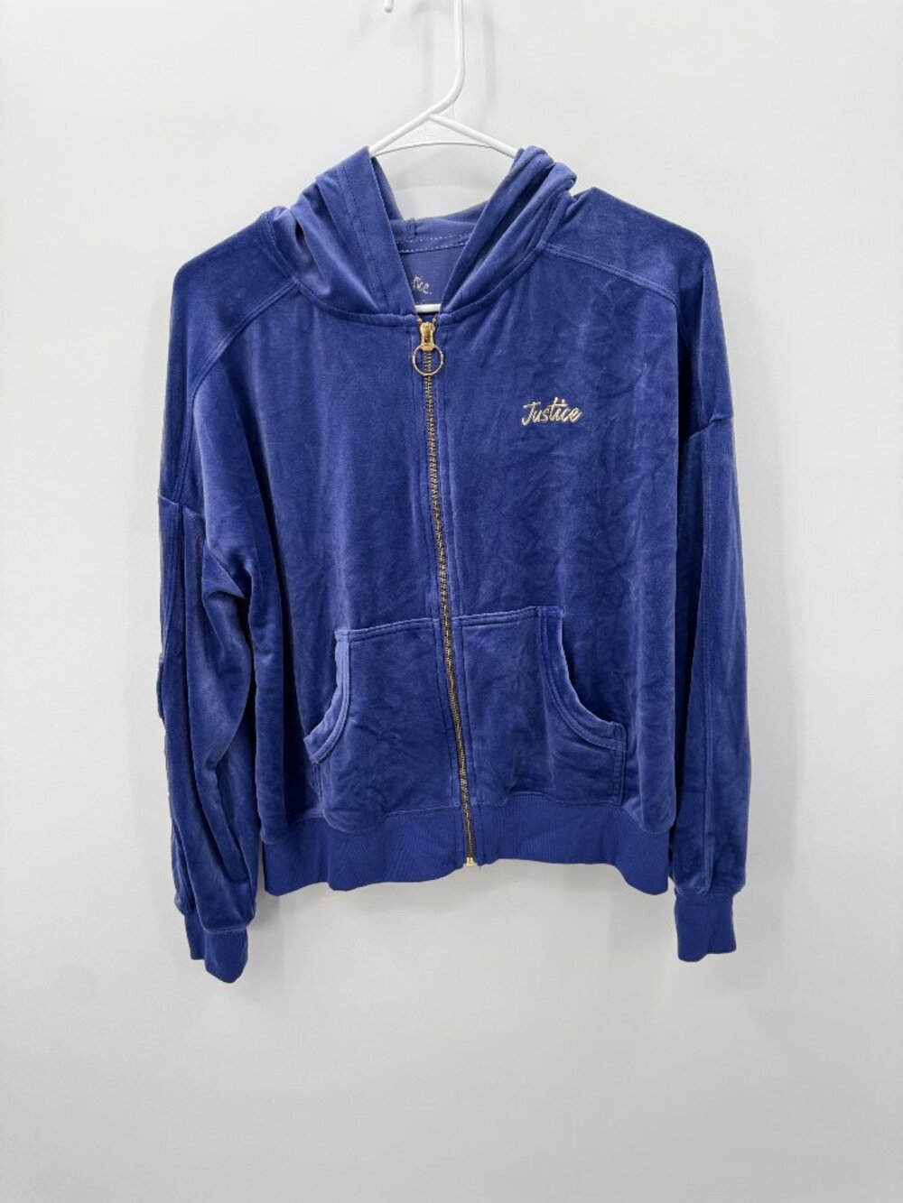 Justice Velour Zip Up Hoodie Girls XL 16/18 Fits Womens Periwinkle Blue Y2K